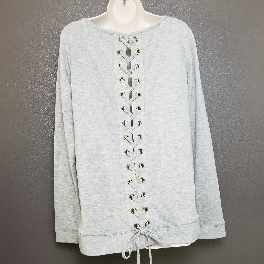 Pink Clover Grey Lace Up Back Long Sleeve Blouse